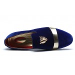 Blue Royal Velvet Gold Emblem Mens Oxfords Loafers Dress Shoes Flats